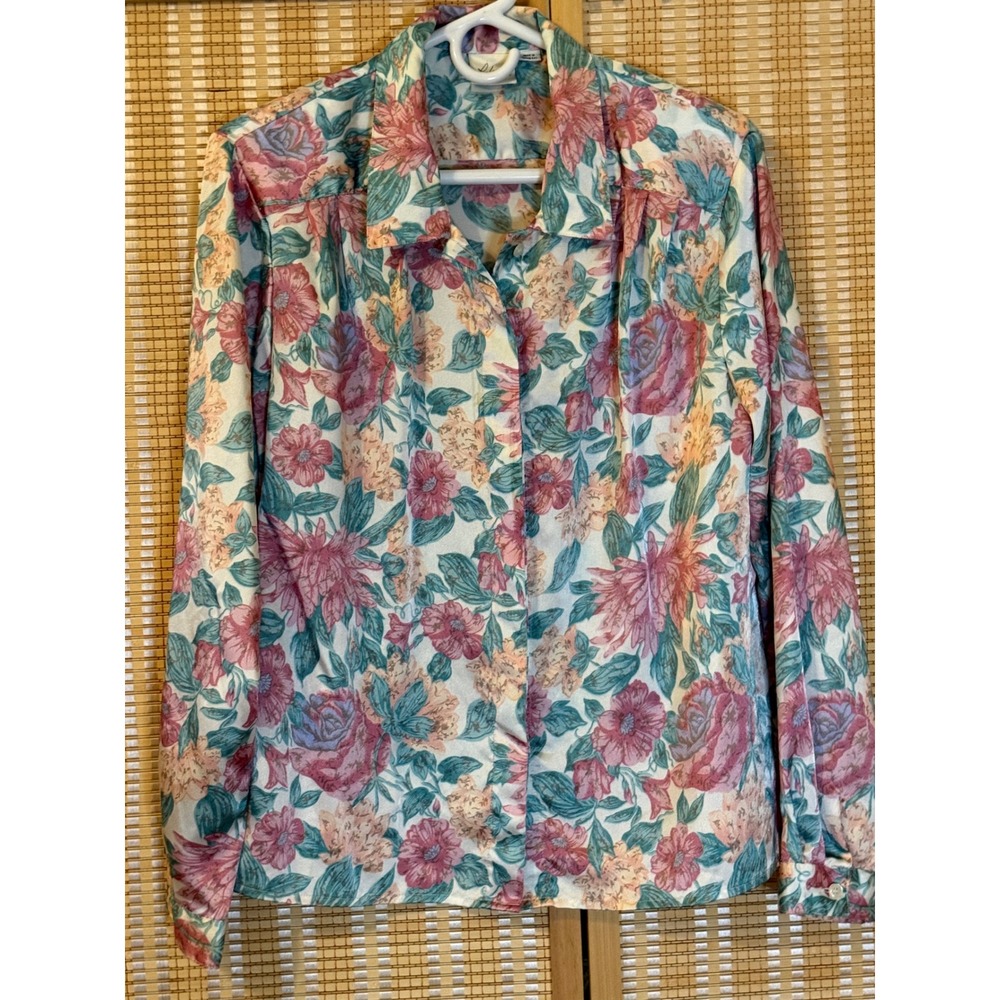 Vintage Pajettos Floral Long Sleeve Blouse Pink Teal Button Up Shoulder Pads Y2K